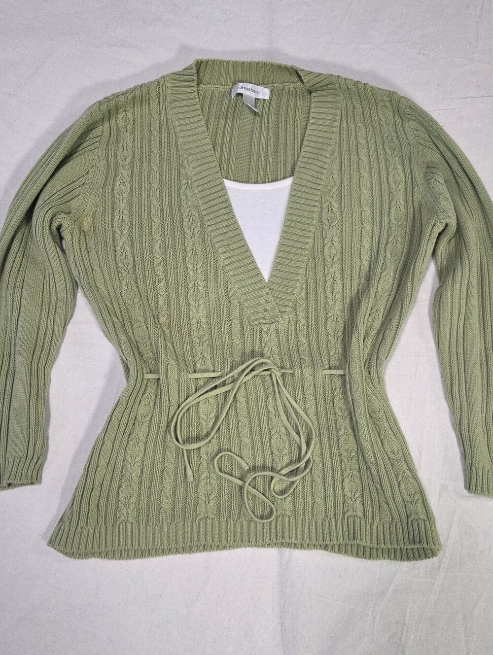 Dressbarn Sage Green Cable Knit Mock Layer Tie Waist Top - Size M